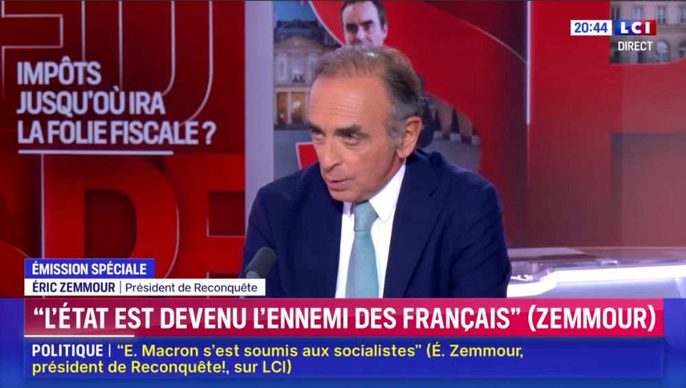 Éric Zemmour sur le plateau de LCI dans l’émission de Darius Rochebin le 28 octobre.
Bandeaux :
«"L’ÉTAT EST DEVENU L’ENNEMI DES FRANÇAIS” (ZEMMOUR)»
«POLITIQUE : “E. Macron s’est soumis aux socialistes” (É. Zemmour, président de Reconquête !, sur LCI)»