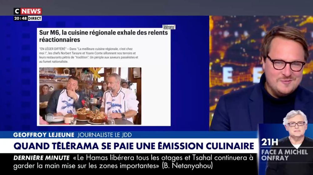 Capture d’écran de CNews : Geoffroy Lejeune, directeur du JDD, à droite de l’image, commente ma dernière chronique dans Télérama, dont la titraille est s'affiche sur les deux tiers de l’écran : «“Sur M6, la cuisine régionale exhale des relents réactionnaires. / “EN LÉGER DIFFÉRÉ” – Dans “La meilleure cuisine régionale, c’est chez moi !”, les chefs Norbert Tarayre et Yoann Conte sillonnent nos terroirs et leurs restaurants pétris de “tradition”. Un périple aux saveurs passéistes et au fumet nationaliste.»