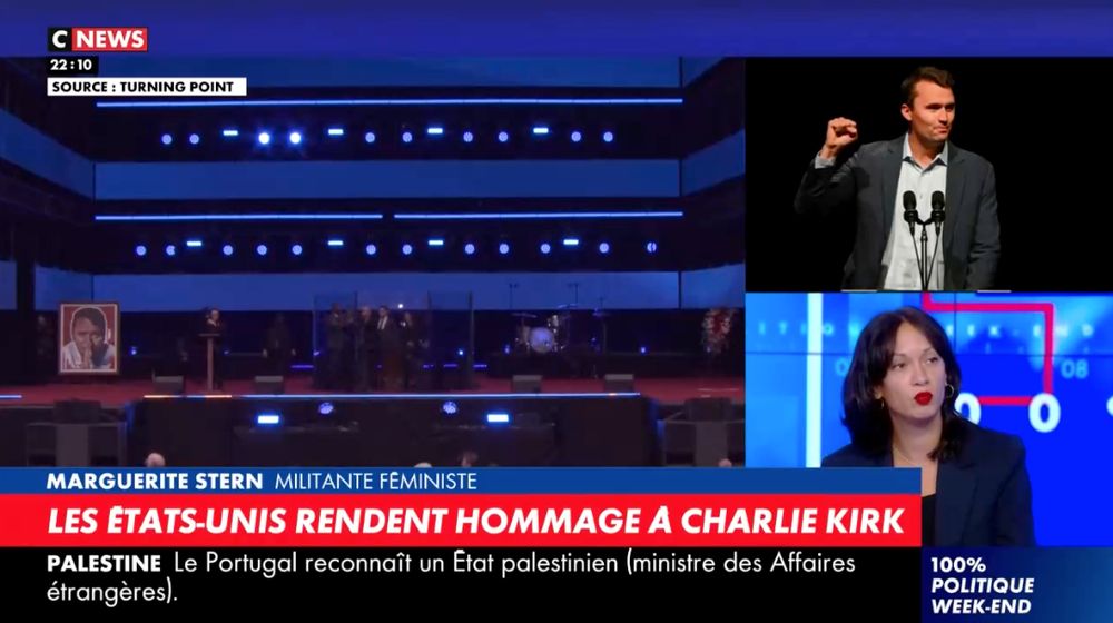 Capture d’écran de CNews : images en direct de l'hommage à Charlie Kirk commenté par Marguerite Stern, "militante féministe".