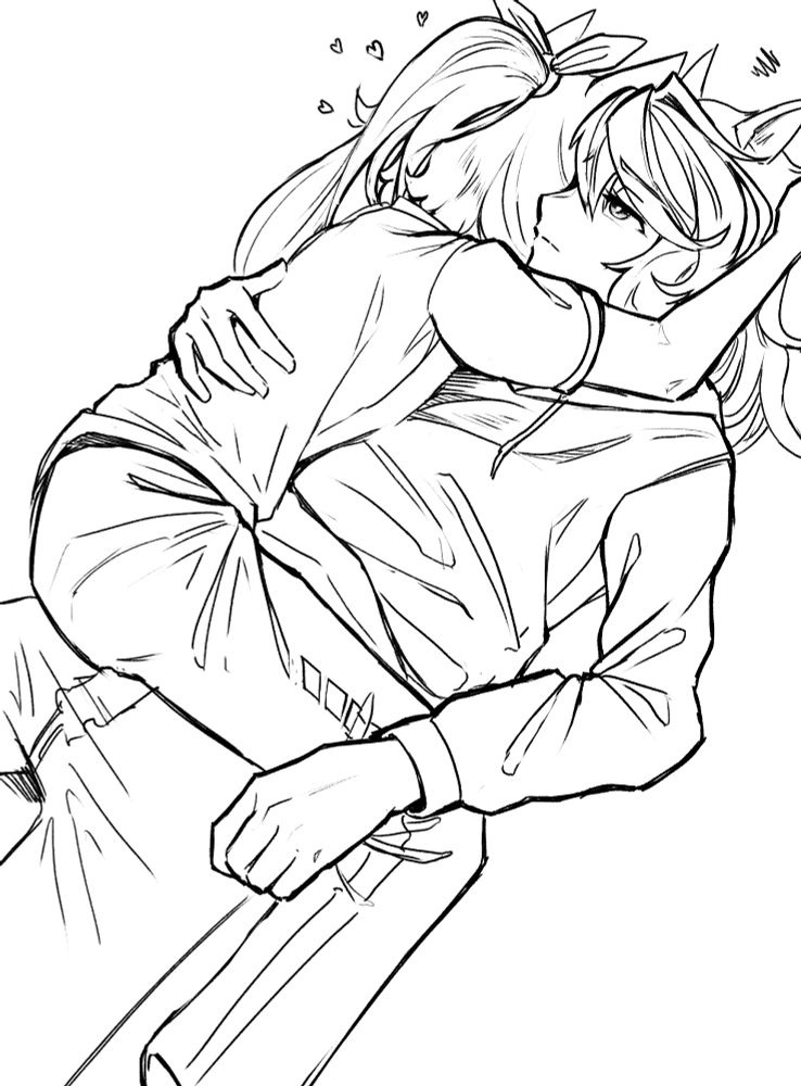 tokai teio clings to symboli rudolf, lying on top of her and tucking her face into her head while rudolf is exasperated