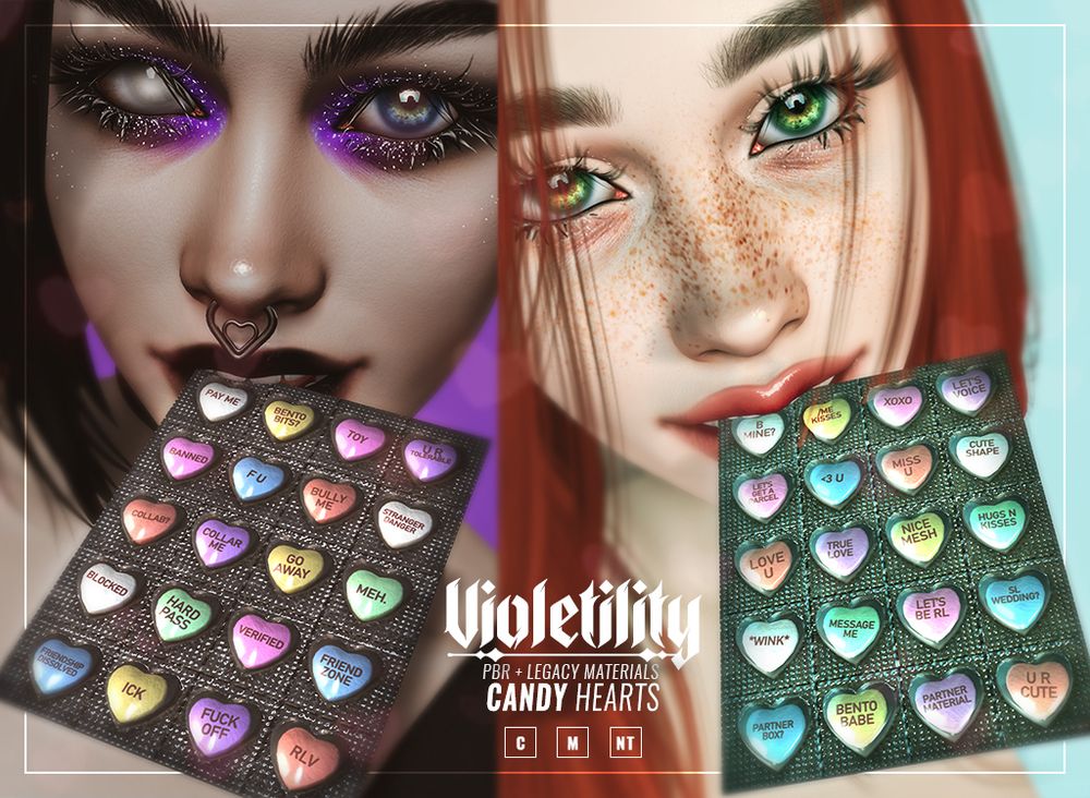 Violetility Candy Hearts. PBR materials + legacy fallbacks. Copy, mod, no transfer.