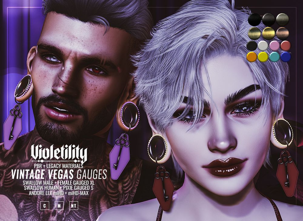Violetility PBR + legacy materials Vintage Vegas Gauges. Rigged for Swallow male and female Gauged XL, Swallow pixie and human Gauged Small, Andore LEX miHD, and Andore LEX miHD-MAX ears. Includes a texture change HUD with 6 metal options, 8 tag options, and a light color selector.