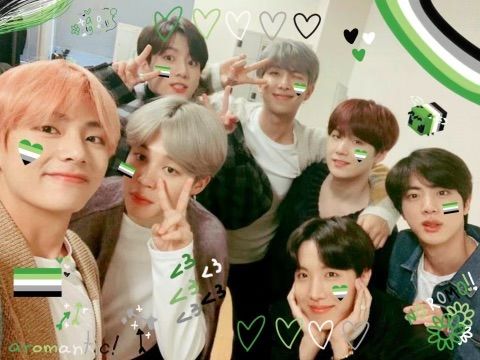 OT7 Bangtan selca taken by Tae, the members smiling or doing aegyo, edited with many hearts, flowers, rainbows, stars, arrows, and flags in aromantic pride colors