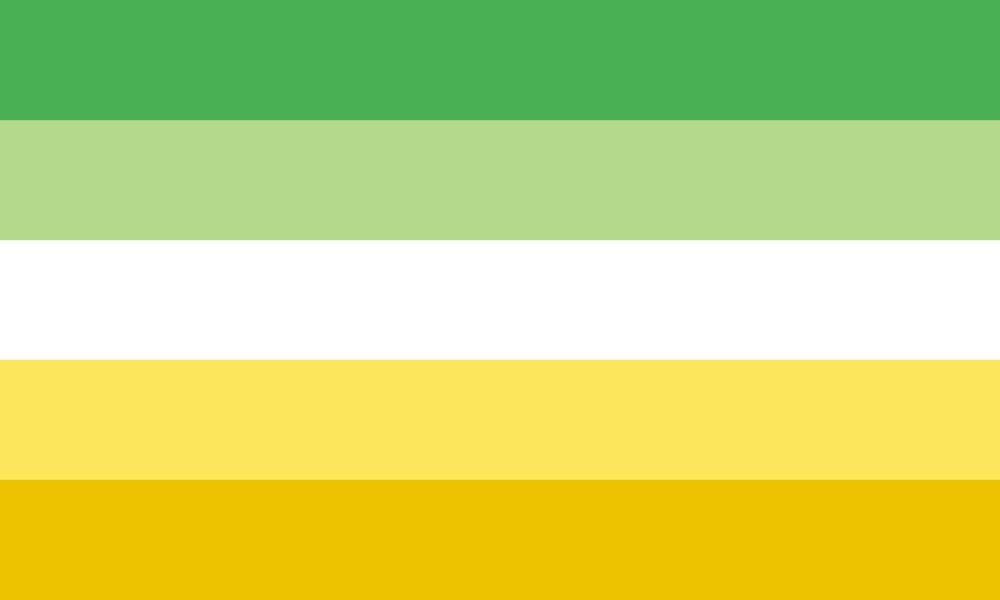 Alloaro pride flag, consisting of 5 equal horizontal stripes, starting at the top with green, light green, white, yellow, orange.