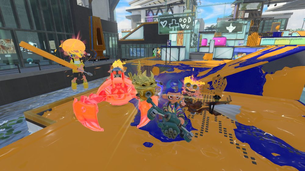 Freshly Picked and Rat jumping for joy in front of the camera with a beakon, Crab Tank, and Rainmaker.
