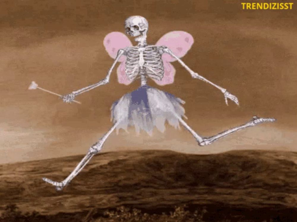 a skeleton dressed as a fairy is jumping in the air with a wand