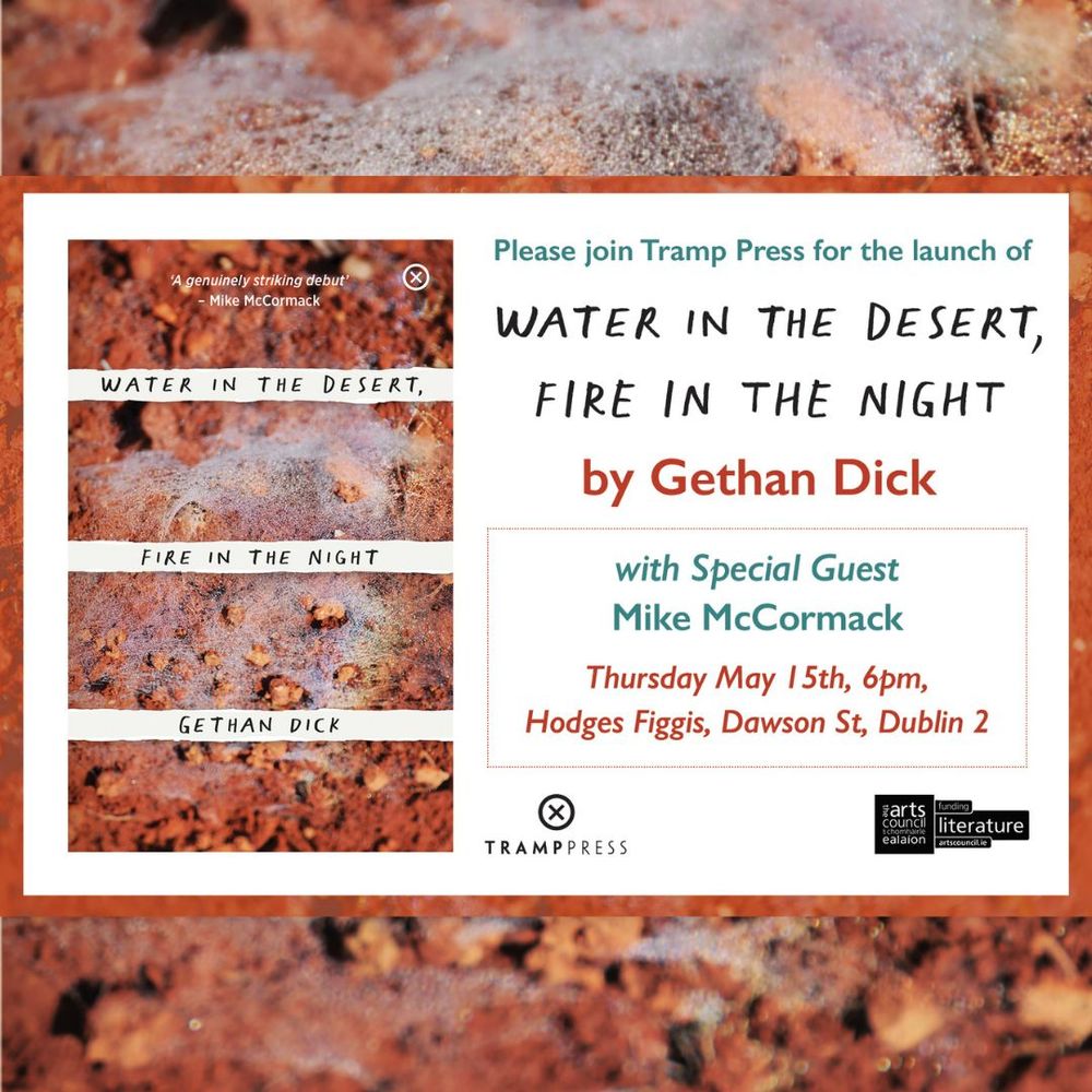 An image of the invitation to the launch of Water in the Desert, Fire in the Night by Gethan Dick, on May 15th at 6pm in Hodges Figgis. The invitation incorporates a photograph by Gethan Dick of spider web on a dark red clay ground.