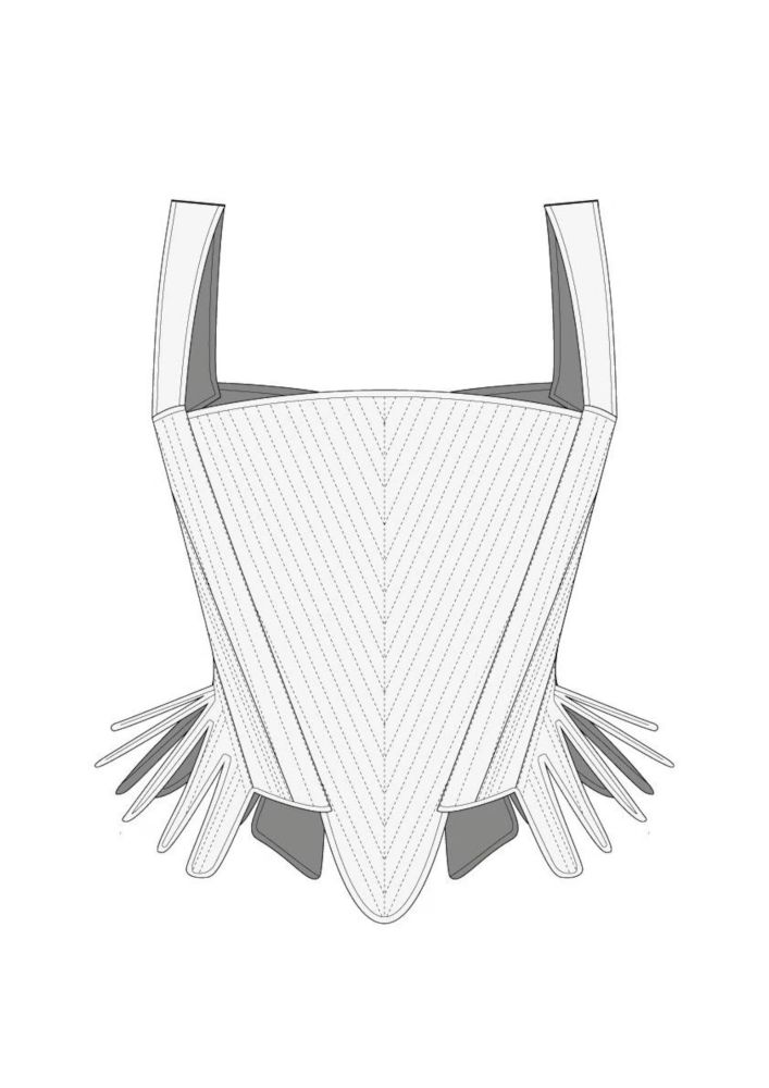 Front view of a technical illustration of 18th century stays, with shoulder straps and a stomacher