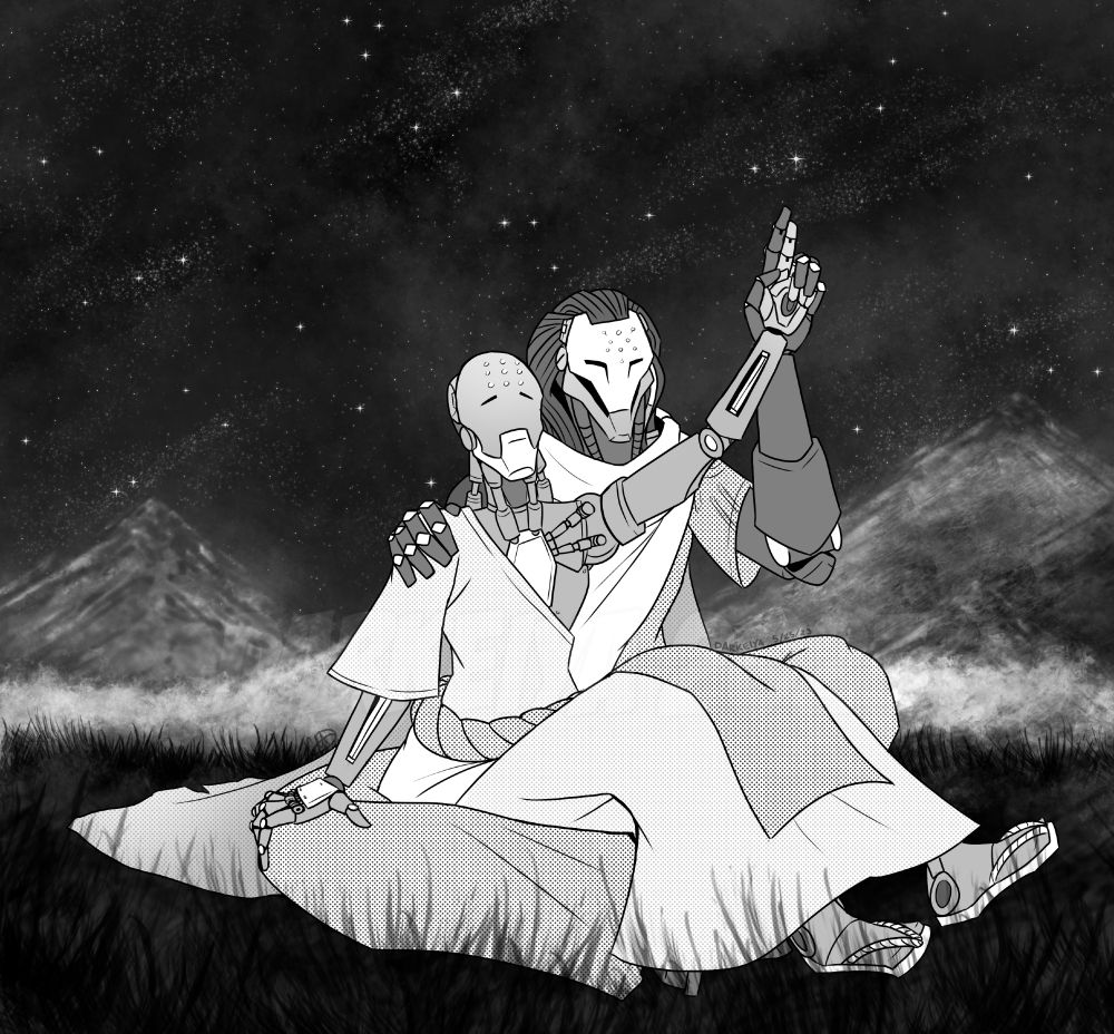 Two humanoid robots wearing monastic robes sit in a mountain field at night. The larger one, Ramattra, sits cross-legged with the smaller one, Zenyatta, sitting in his lap. The two each have a hand on the other for support as Ramattra guides Zenyatta's other hand up towards the stars in the sky.