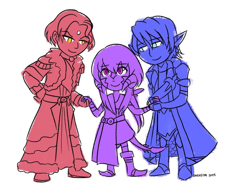 A quick doodle of Emet-Selch and Aymeric each holding one of Sarantuya's hands.