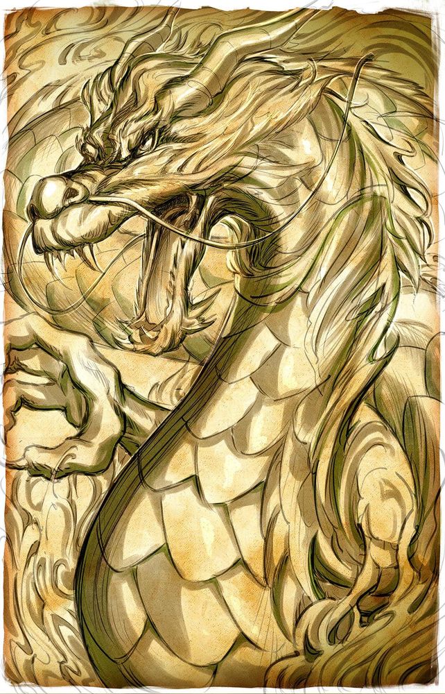A fierce Chinese dragon, mid roar. Its coiling body takes up the frame, and one large claw is outstretched. It is majestic as fuck.