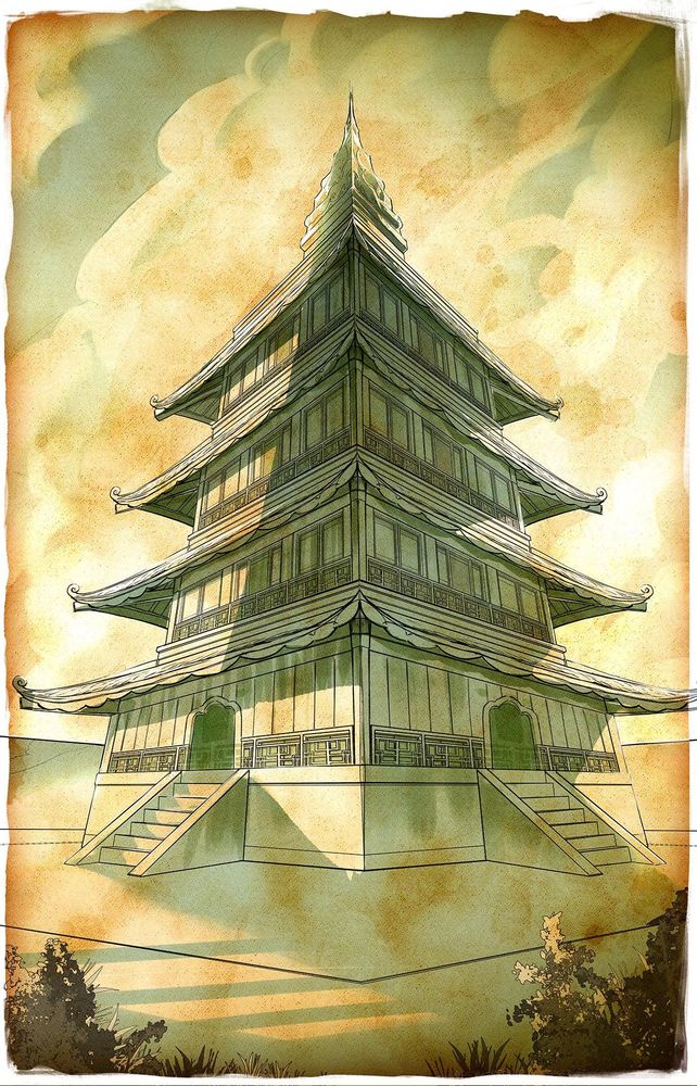 A tiered pagoda, towering against the sky. The lighting and perspective give it a sense of foreboding awe. Light foliage is visible in the foreground.