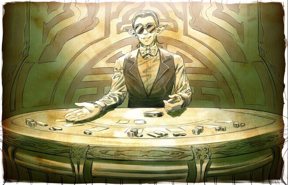 A gambler with circular sunglasses gives a smirk, beckoning the viewer to sit at a vintage, circular gambling table. Poker chips and cards are visible.