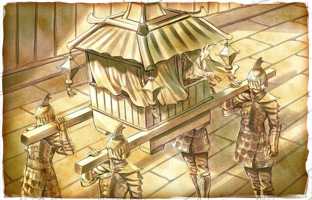 An ornate palanquin (a litter with posts for carrying) is borne by four armored guards. A hand is visible waving from the windows.