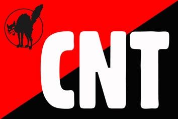 Drapeau CNT-F rouge et noir avec le chat noir syndicaliste en haut a gauche
