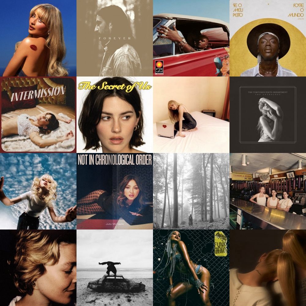 Montagem com as capas dos 16 álbuns mais ouvidos do mês. Short & Sweet (Sabrina Carpenter), Stick Season: Forever (Noah Kahan), Caju (Liniker), Se o Meu Peito Fosse o Mundo (jota.pê), Intermission (Maren Morris), The Secret of Us (Gracie Abrams), emails I can't send fwd: (Sabrina Carpenter), The Tortured Poets Department: The Anthology (Taylor Swift), The Good Witch (Maisie Peters), Not in Chronological Order (Julia Michaels), folklore (Taylor Swift), Women in Music Pt III (HAIM), Don't Forget Me (Maggie Rogers), Being Funny in a Foreign Language (The 1975), Funk Generation (Anitta), eternal sunshine (Ariana Grande).