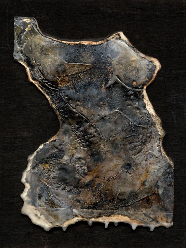 Original art, figurative torn torso painted with encaustic, peat ash and holy water with collage and raven carved into belly
