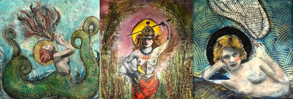 Three different 'Erotic Saint' paintings. A mermaid, A warrior and a Lolita smoking the words of her book
