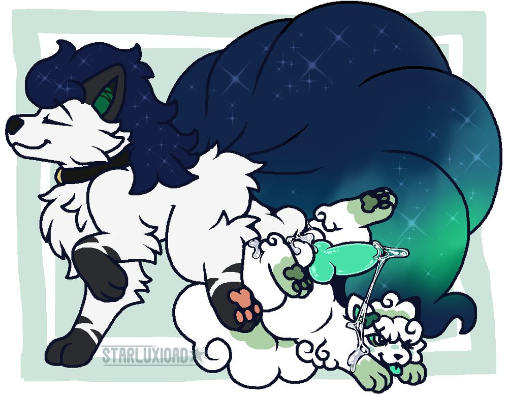 a ninetales knotting to an alolan vulpix's ass, walking away smugly while the vulpis drips cum over itself, looking very fulfilled. feralnsfw