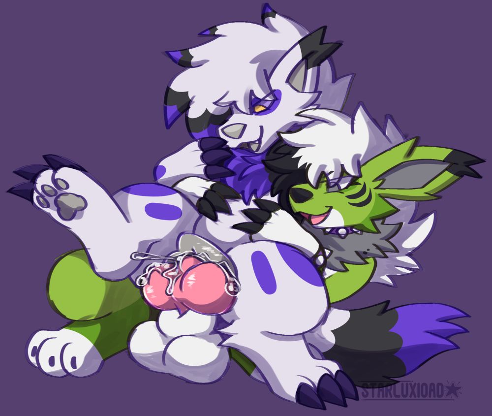 two lycanrocs, one holding onto the others stomach while it fucks that lycanrocs spade vagina. feralnsfw