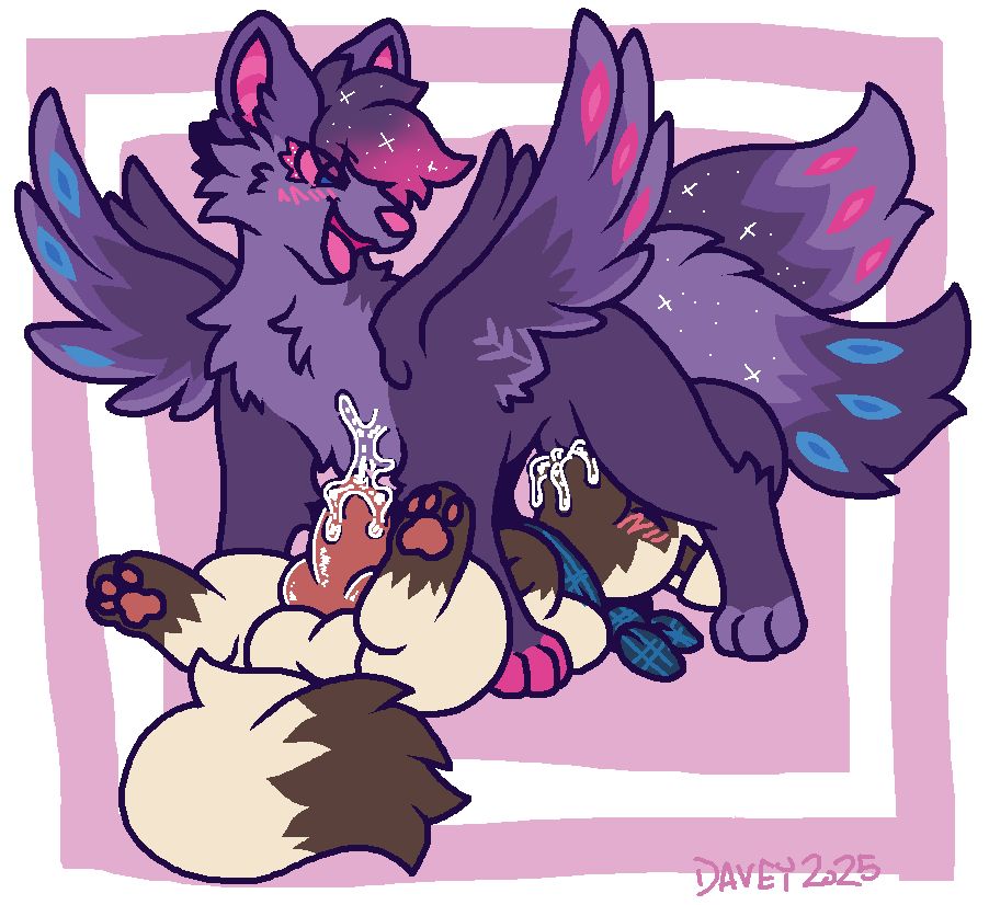 a purple sparkly wolf with wings stands over a poochyena, the poochyenas dick is out and it is cumming onto the wolfs chest, the wolfs dick is entirely in the poochyenas mouth. feralnsfw