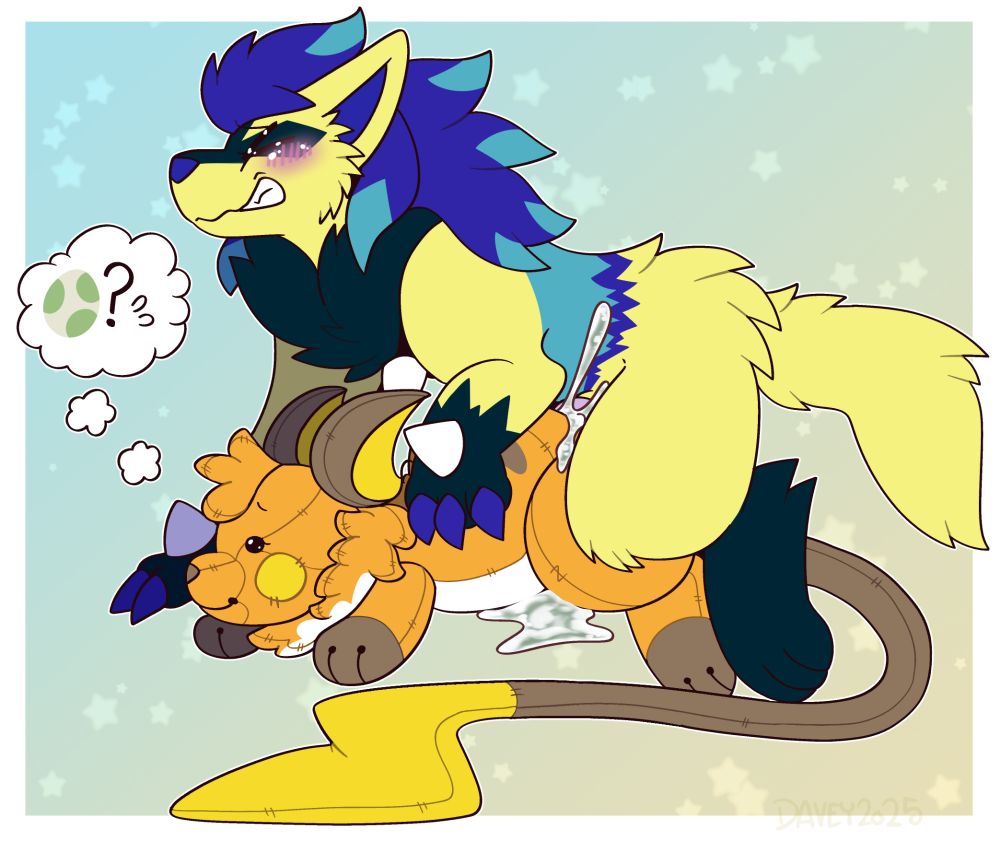 a lucario zoroark hybrid is desperately humping into a fluffy raichu plush, cum leaking out around it and under it, and the raichu plush has a thought bubble with an egg and question mark, implying the plushie is a raichu tf'd into a plushie, and is worried about getting pregnant. feralnsfw