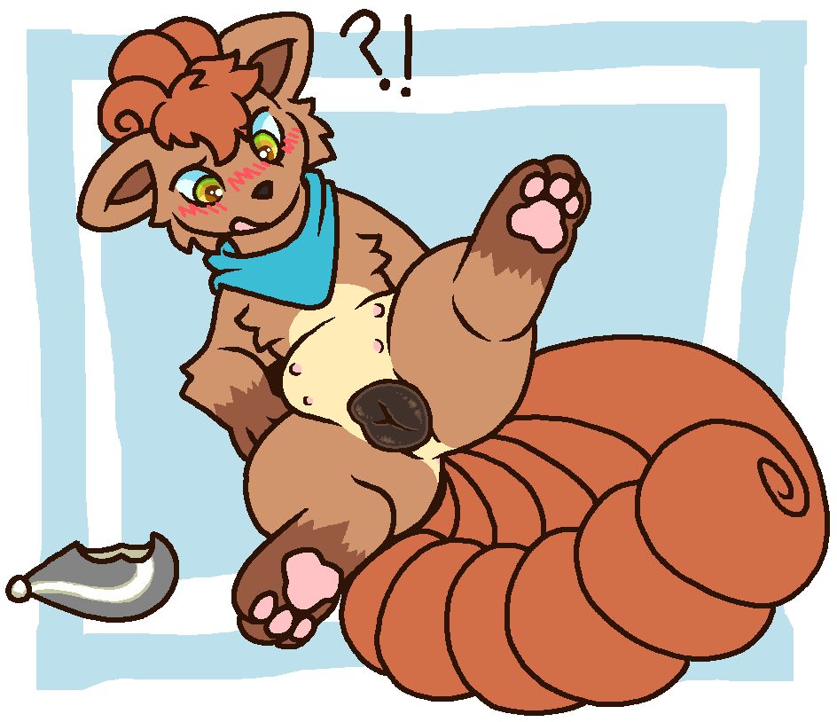a vulpix, legs spread, looking down confused between its legs, at its vagina. its implied the vulpix genitals got swapped. feralnsfw
