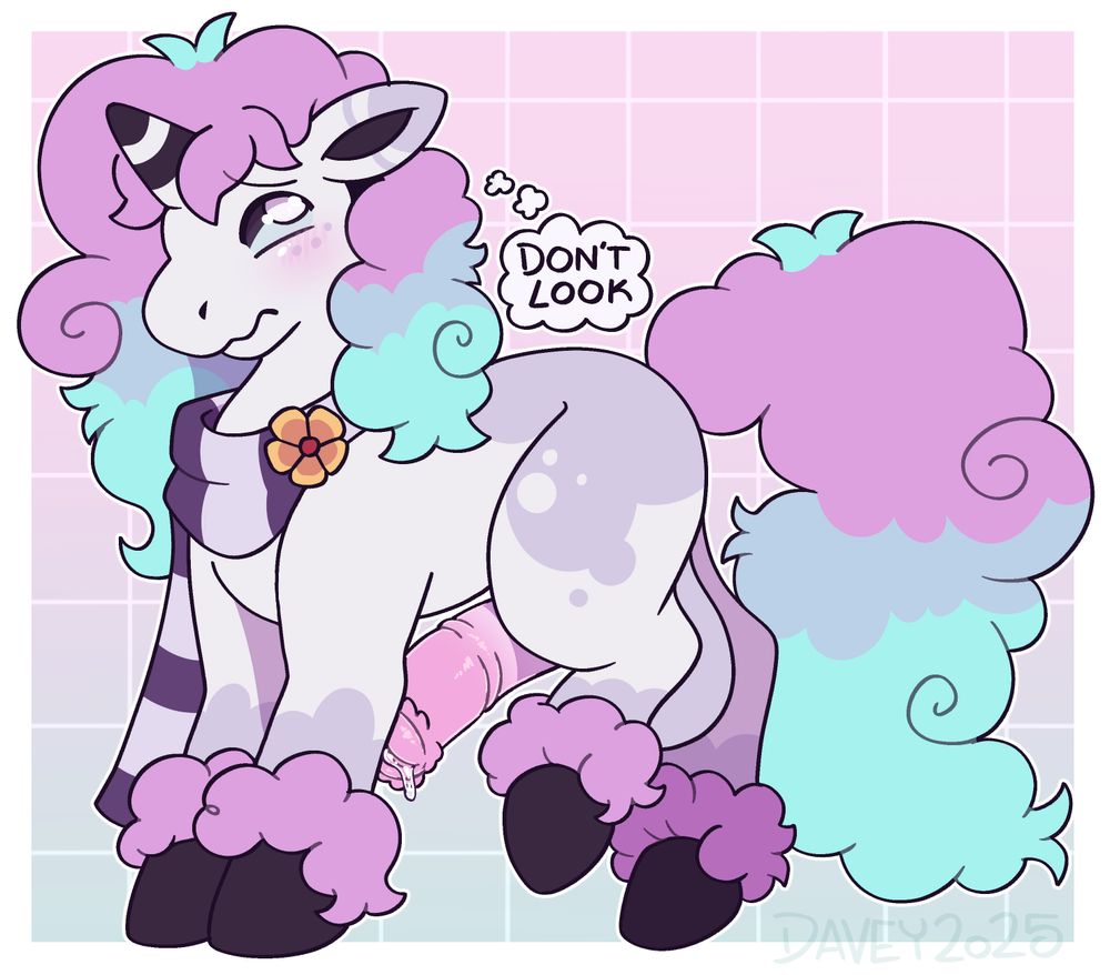 a galarian ponyta, standing on a side view, below its belly you can see it has an erection, and its lifting a leg to try and hide that from any viewers, but isn't doing a good job. feralnsfw