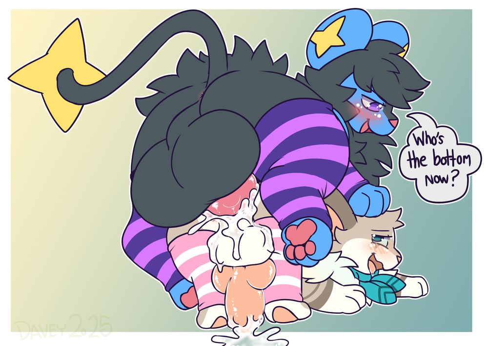 a luxio with big balls is penetrating a smaller eevee anally. the luxio is saying "who's the bottom now?" both look very pleasured, and they are wearing socks. feralnsfw 