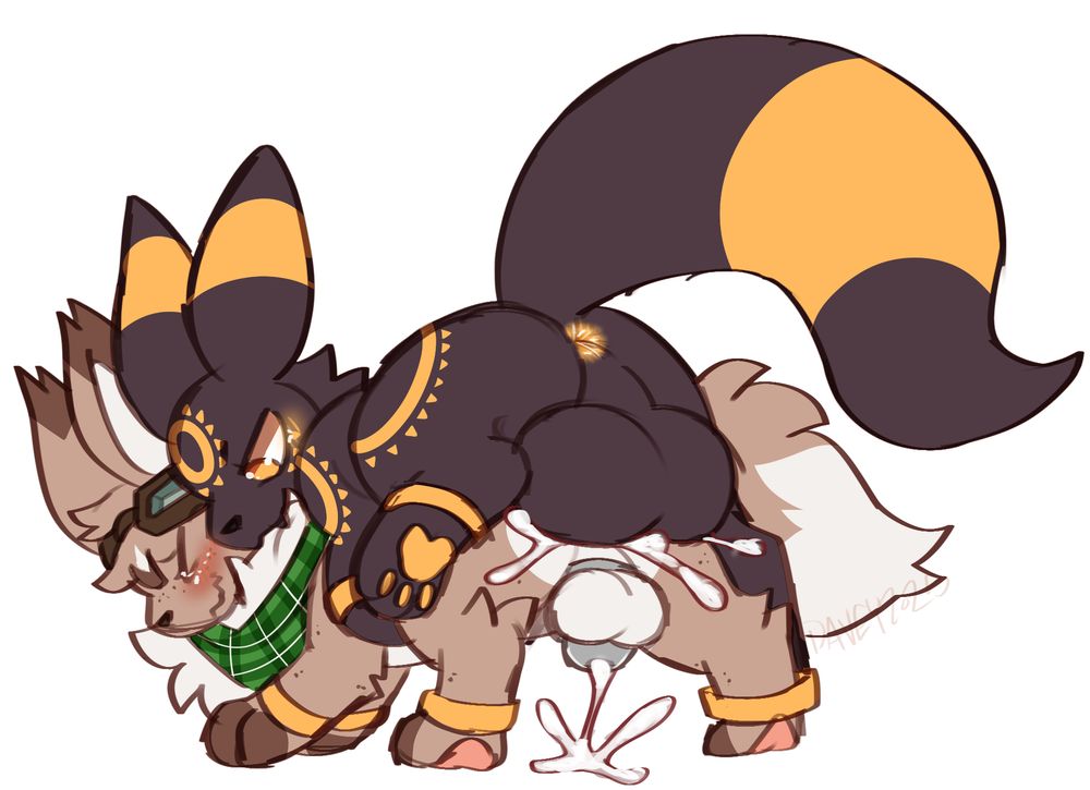 an umbreon fucking an eevee analy, the umbreon biting onto the eevee's neck. the eevee is wearing a chastity cage, and cumming through it, and the umbreon is cumming into the eevees ass. the eevee also has golden rings around its legs, implying the umbreon put them there. feralnsfw