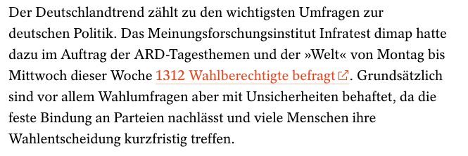 Screenshot von Spiegel Online:
"Der Deutschlandtrend zählt zu den wichtigsten Umfragen zur deutschen Politik. Das Meinungsforschungsinstitut Infratest dimap hatte dazu im Auftrag der ARD-Tagesthemen und der »Welt« von Montag bis Mittwoch dieser Woche 1312 Wahlberechtigte befragt . Grundsätzlich sind vor allem Wahlumfragen aber mit Unsicherheiten behaftet, da die feste Bindung an Parteien nachlässt und viele Menschen ihre Wahlentscheidung kurzfristig treffen.

"
