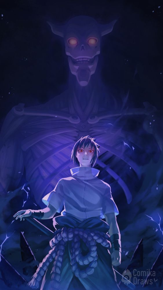 An illustration of Sasuke Uchiha from the anime/manga Naruto. He's in his war arc design, menacingly looking down at the viewer, his Susanoo behind him.