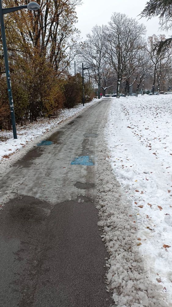 Ein Radweg mit eisigen Schneeresten darauf, in denen Rillen von durchgefahrenen Fahrrädern zu sehen sind.