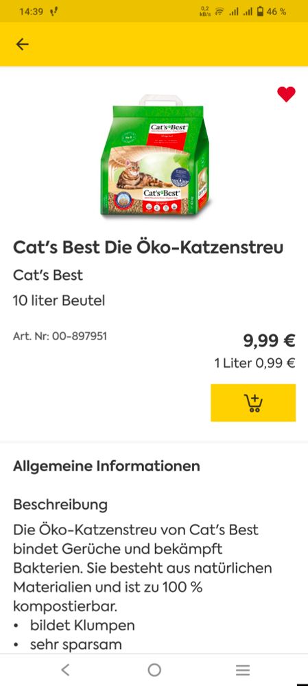 Screenshot aus einem Onlineshop mit der Abbildung und der Beschreibung eines Sacks Katzenstreu.