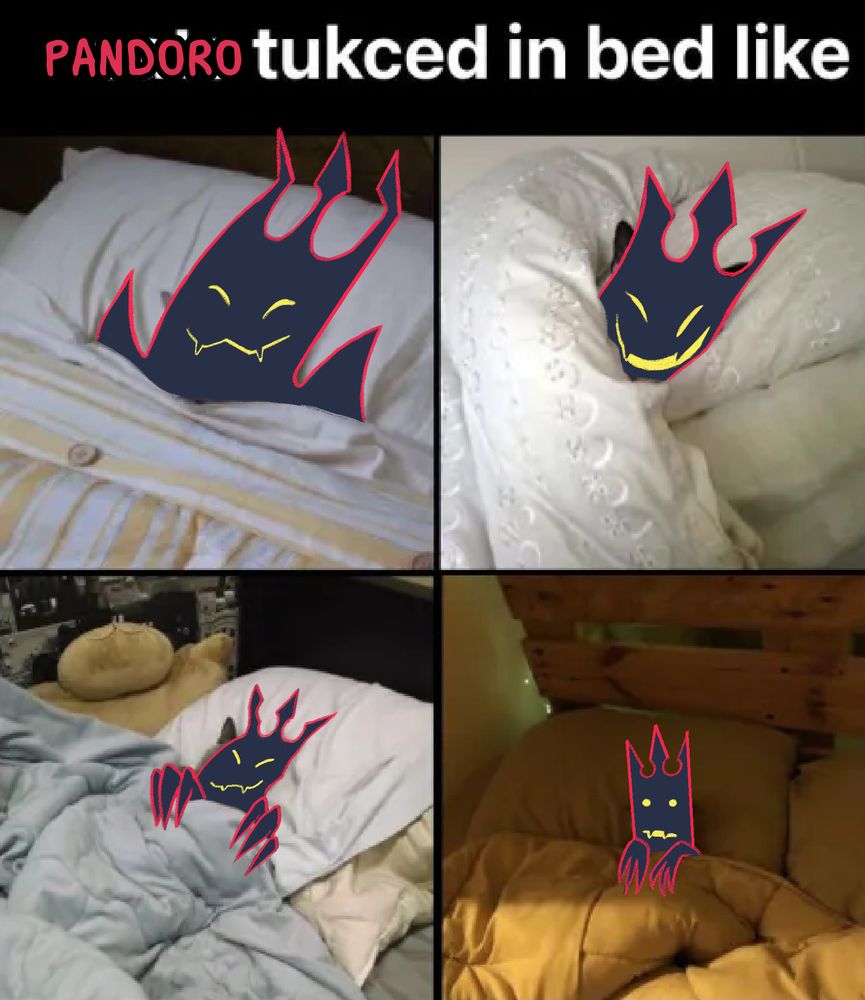 Drawings of a shadow being drawn over a photo gallery of cats tucked into bed. The title says ''Pandoro tukced in bed like"