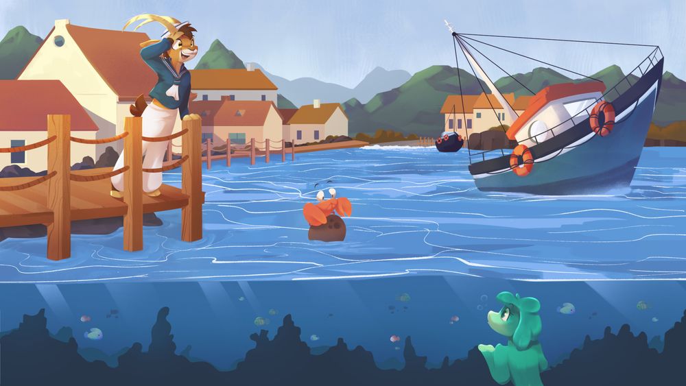 GoldenHorn convention splash art showing a coastline, with a ship departing to the sea, the mascot in a sailor's outfit observing from the dock and an underwater mermaid.