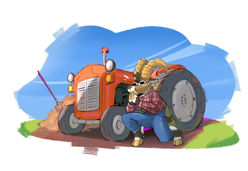 Goldenhorn mascot kneeling next to a tractor and a pile of hay with a pitchfork on it. This ibex is living the country life, just like this year’s theme for Goldenhorn convention!