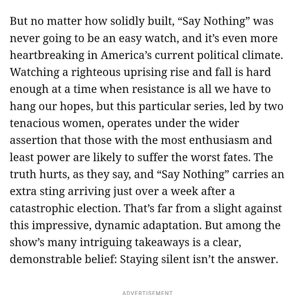 A review of Say Nothing describing the IRA as a "righteous uprising" and comparing The Troubles in Northern Ireland to America in 2024