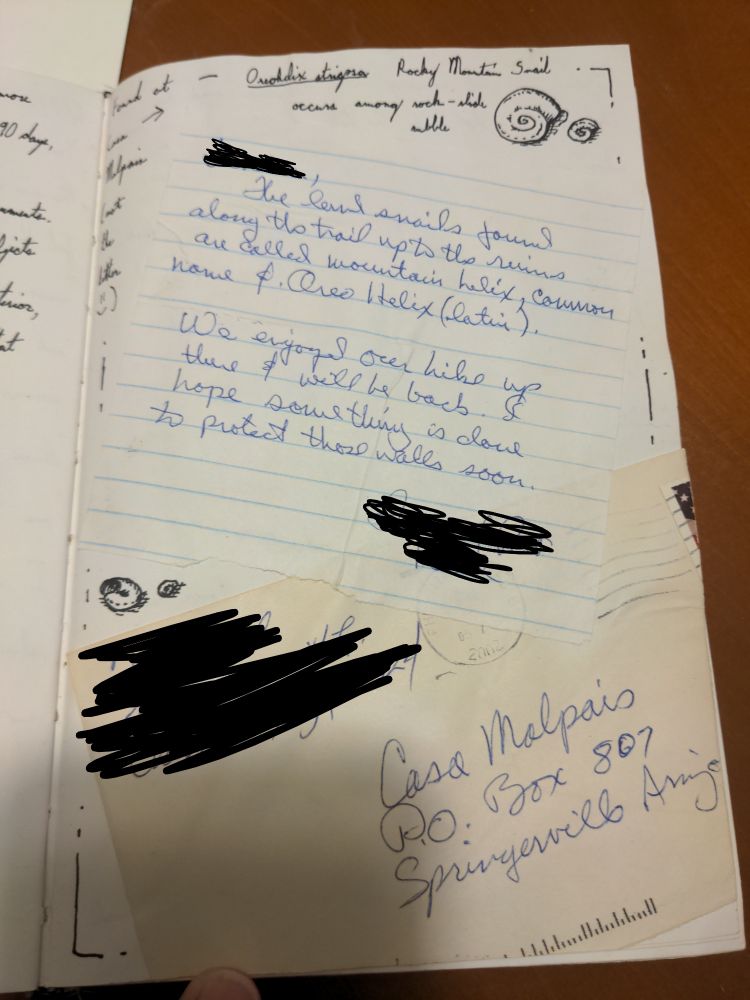 A letter from a tourist identifying snail shells we found on the trail as Oreohelix strigosa