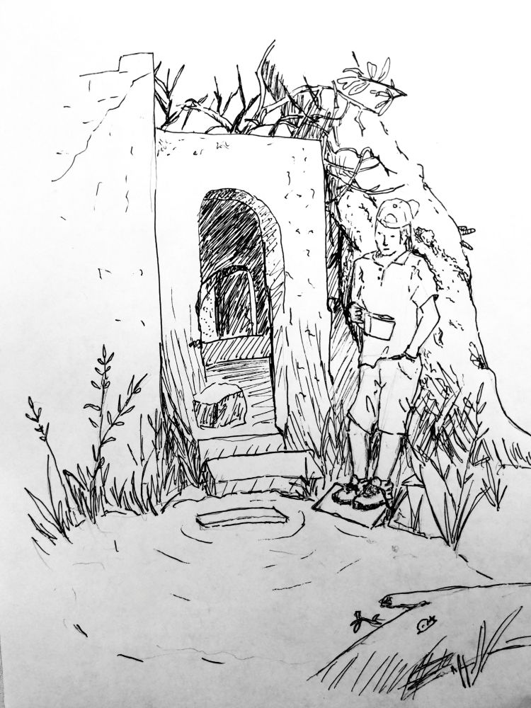 Joel leans against the old cottonwood tree growing out of Witchin Well. The little spring laps up to the foundations of an adobe ruin with a spooky arched door. A snail looks on.

You can't see it but he's reading Bradbury "Something Wicked this way Comes" because I said so.