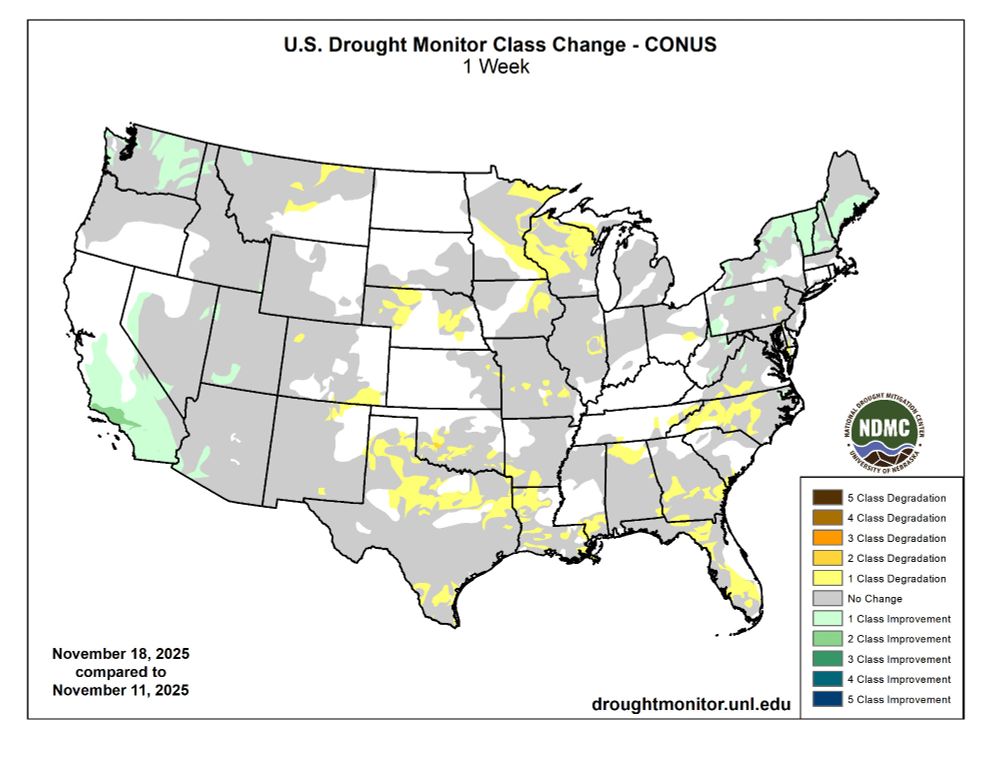 The one week change map shows how drought has changed across the U.S. over the past week with areas of degradation in yellow and improvement in green.