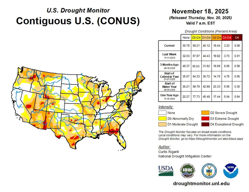 The U.S. Drought Monitor shows drought intensity and spatial coverage over the country and is updated weekly.