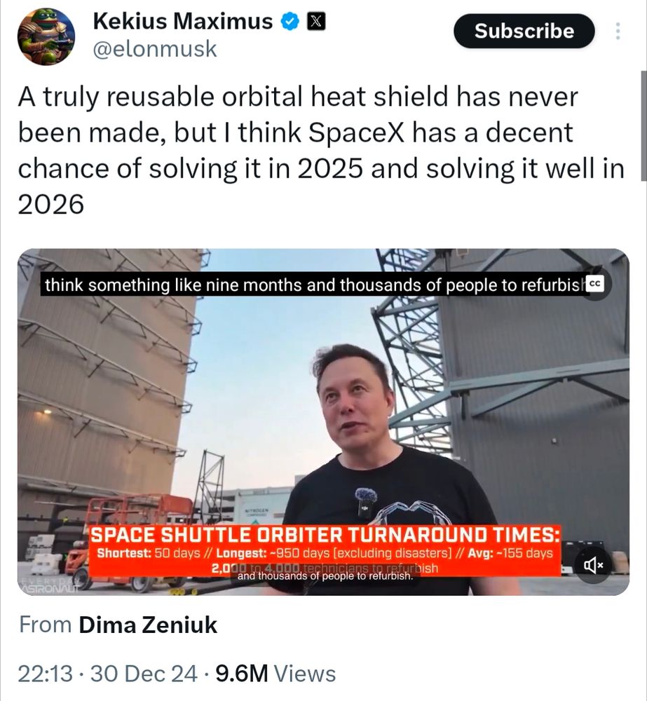 A tweet from Elon Musk, posted 30 Dec 2024, reading "A truly reusable orbital heat shield has never been made, but I think SpaceX has a decent chance of solving it in 2025 and solving it well in 2026." 
