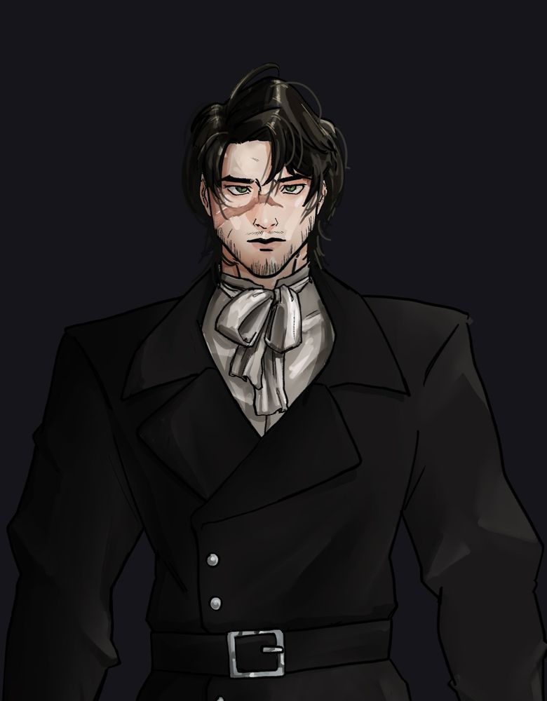 Portrait of a man with unkempt brown hair, a large scar that goes from his right cheek up to his nose and a dark coat.