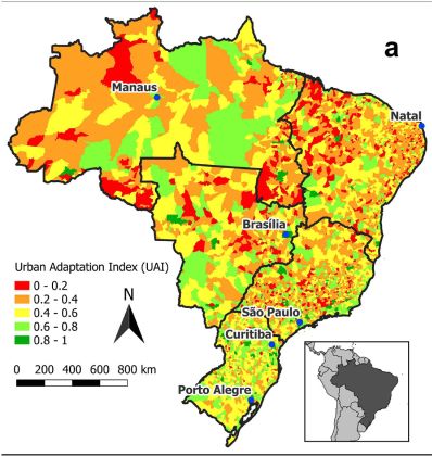 Mapa do Brasil indica o desempenho dos municípios no Urban Adaptation Index UAI (a). Cidades com menores índices (0 a 0,2) aparecem em vermelho e os municípios com as pontuações mais altas (0.8 a 1) são marcados em verde - Imagem: Reprodução do artigo