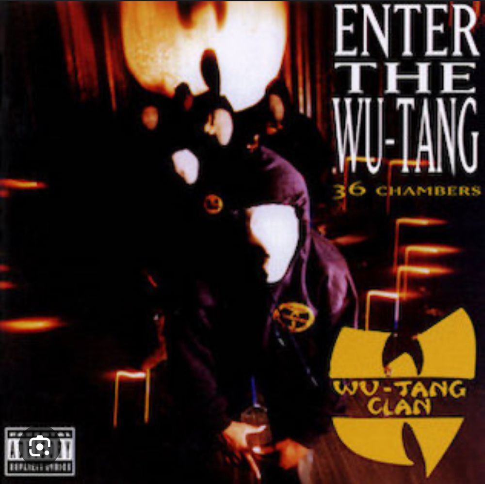 This is an image of the Wu-Tang Clan's Enter the Wu-Tang 36 Chambers. Six figures in dark hoodies wearing white masks crouch in a single-file line in a dark room with various spotlights. Behind them is the Wu-Tang Clan logo.