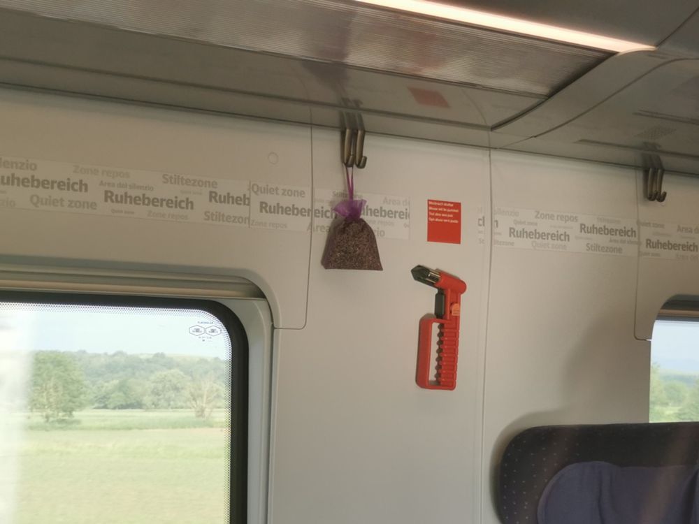 Bild aus dem Inneren eines ICE, zu sehen ist der Bereich zwischen 2 Fenstern, die Banderole "Ruhebereich", ein Nothammer und ein Lavendelsäckchen, das an einem Kleiderhaken hängt.