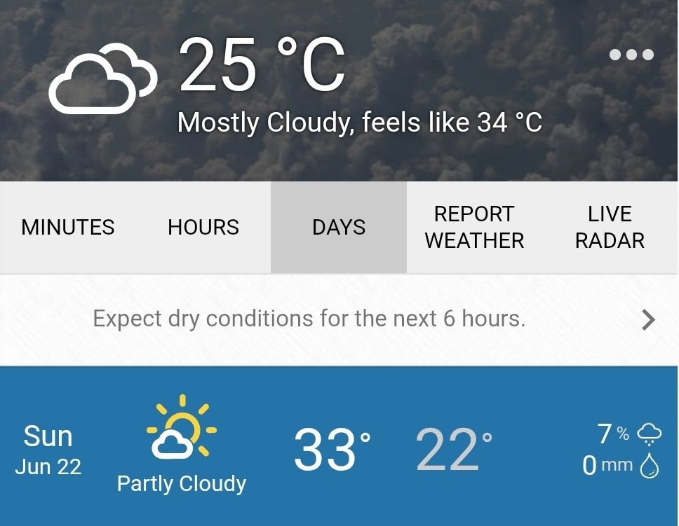 A close up of a weather app showing current temperature of 25C feels like 34C, with a forecast high of 33C.