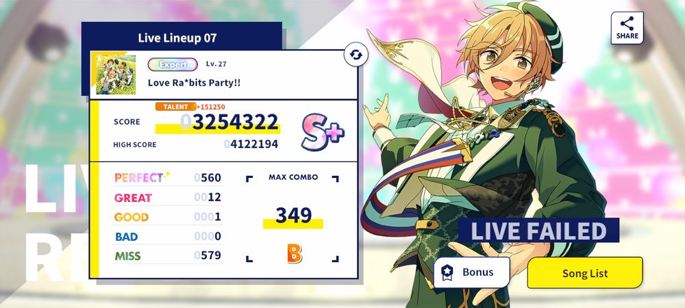 resultado de live no ensemble stars music. love ra*bits party!!, expert, lvl 27. score de 3254322 (record de 4122194), rank S+. 560 perfect, 12 great, 1 good, 579 miss. combo máximo 349, rank B.
