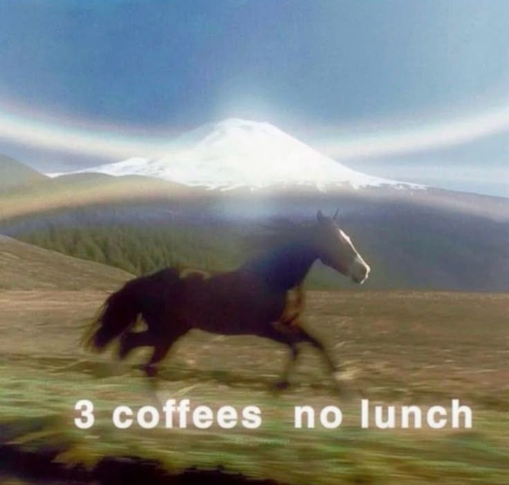 cavalo correndo muito numa paisagem etérea com a legenda "3 coffees no lunch"